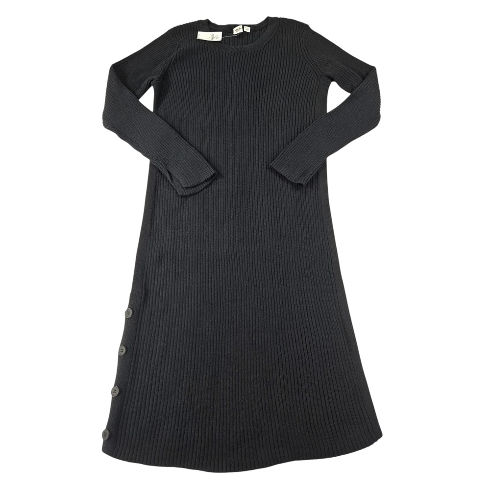 Gap Maternity L Black Ribbed Cotton Sweater Dress Long Sleeve Side Button Midi